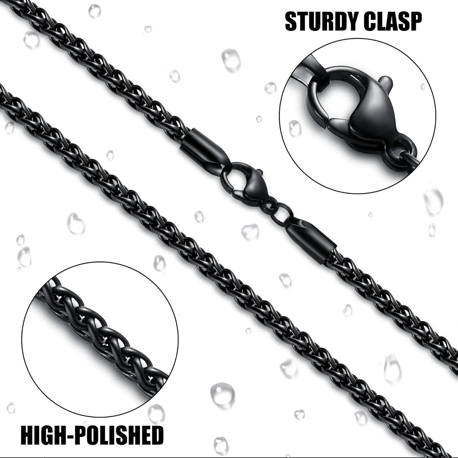 Fiusem Black Wheat Chains for Men and Women, 2/2.5/3/4/5mm Stainless Steel Necklace Chain, Mens Necklace 16-28 Inch