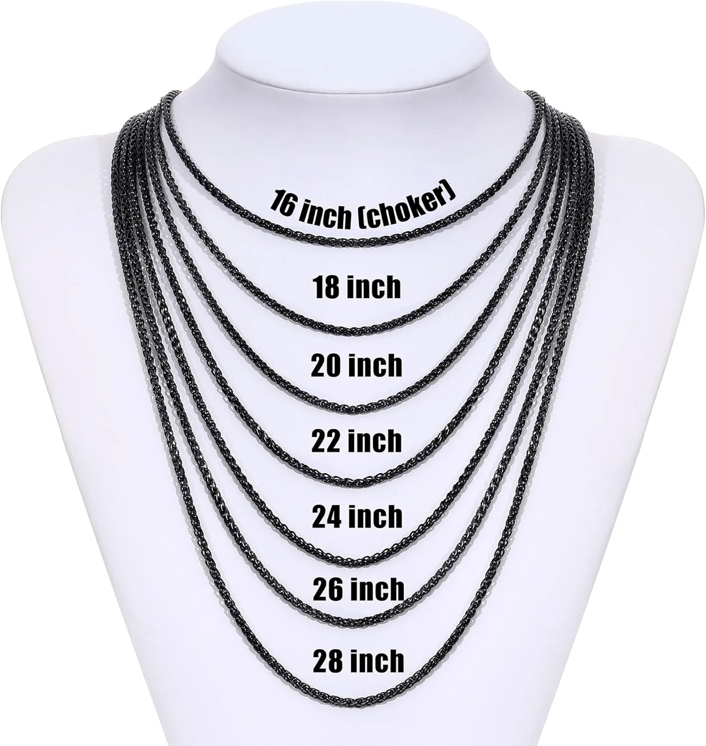 Fiusem Black Wheat Chains for Men and Women, 2/2.5/3/4/5mm Stainless Steel Necklace Chain, Mens Necklace 16-28 Inch