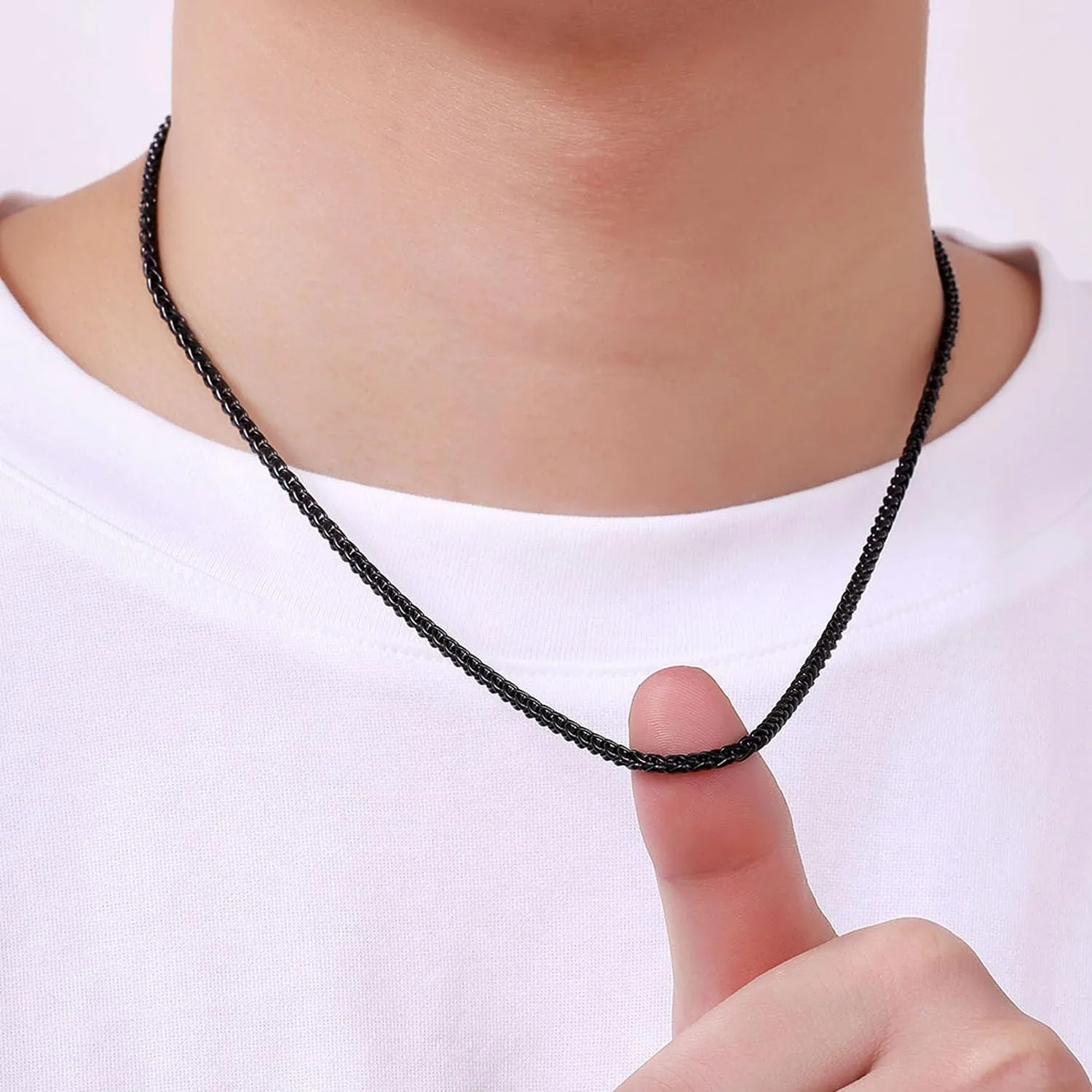 Fiusem Black Wheat Chains for Men and Women, 2/2.5/3/4/5mm Stainless Steel Necklace Chain, Mens Necklace 16-28 Inch