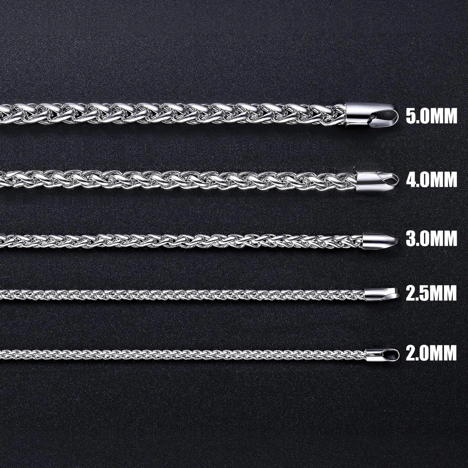 Fiusem Wheat Chains for Men and Women, 2/2.5/3/4/5mm Silver Tone Necklace Chain, Stainless Steel Mens Necklace 16-28 Inch