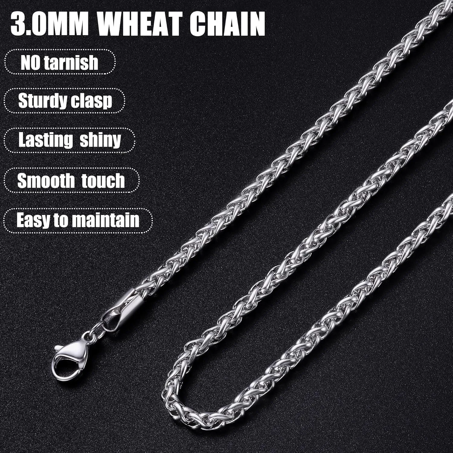 Fiusem Wheat Chains for Men and Women, 2/2.5/3/4/5mm Silver Tone Necklace Chain, Stainless Steel Mens Necklace 16-28 Inch