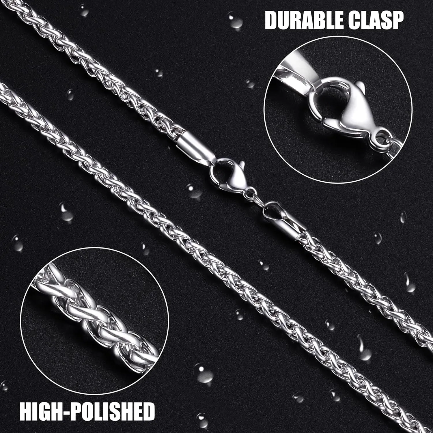 Fiusem Wheat Chains for Men and Women, 2/2.5/3/4/5mm Silver Tone Necklace Chain, Stainless Steel Mens Necklace 16-28 Inch