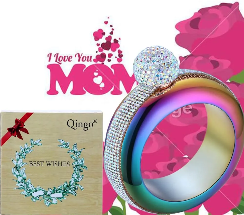 Flask Bracelet Bangle Flask Creative Stainless 304 Steeland Hip Flask Funnel Set For Women 3.5 oz (Rainbow Rhinestones Lid)
