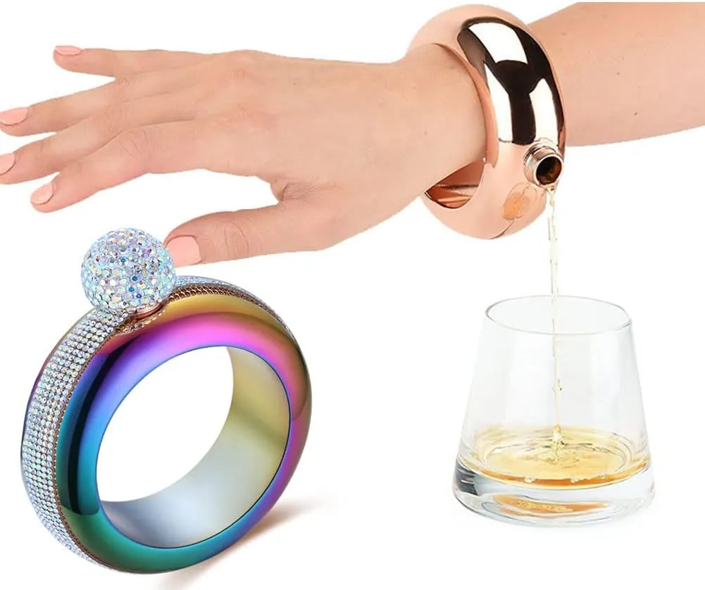 Flask Bracelet Bangle Flask Creative Stainless 304 Steeland Hip Flask Funnel Set For Women 3.5 oz (Rainbow Rhinestones Lid)
