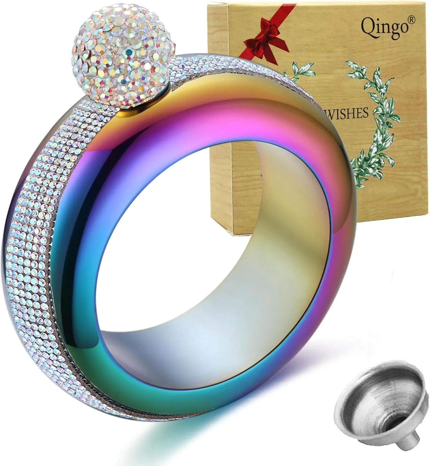 Flask Bracelet Bangle Flask Creative Stainless 304 Steeland Hip Flask Funnel Set For Women 3.5 oz (Rainbow Rhinestones Lid)