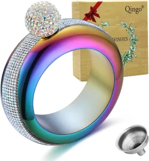 Flask Bracelet Bangle Flask Creative Stainless 304 Steeland Hip Flask Funnel Set For Women 3.5 oz (Rainbow Rhinestones Lid)