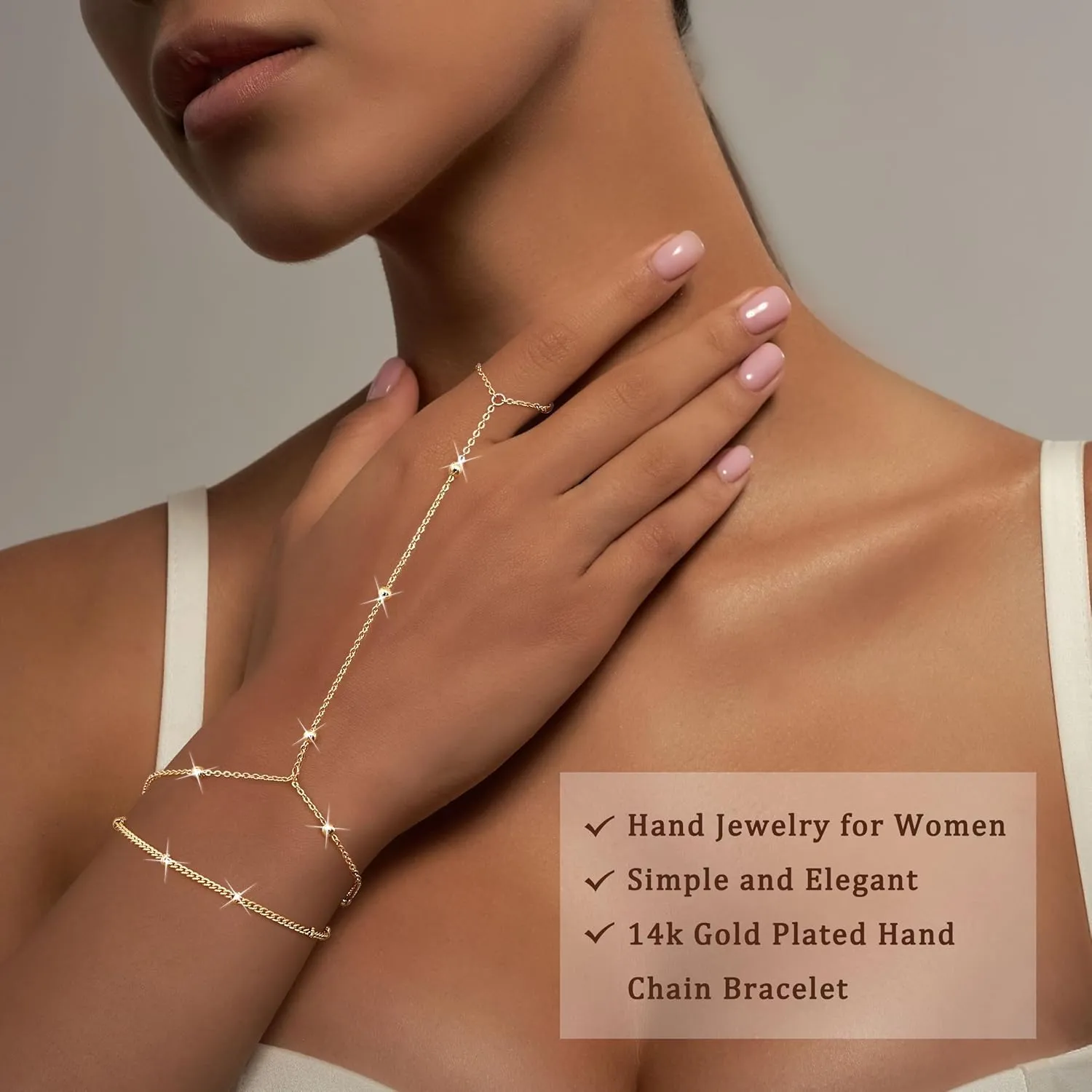 Florideco Gold Hand Chain Bracelets for Women Trendy 2 Piece Adjustable Finger Ring Bracelet Stack Dainty 14K Gold Plated CZ Layered Beaded Hand Chains Jewelry Gifts