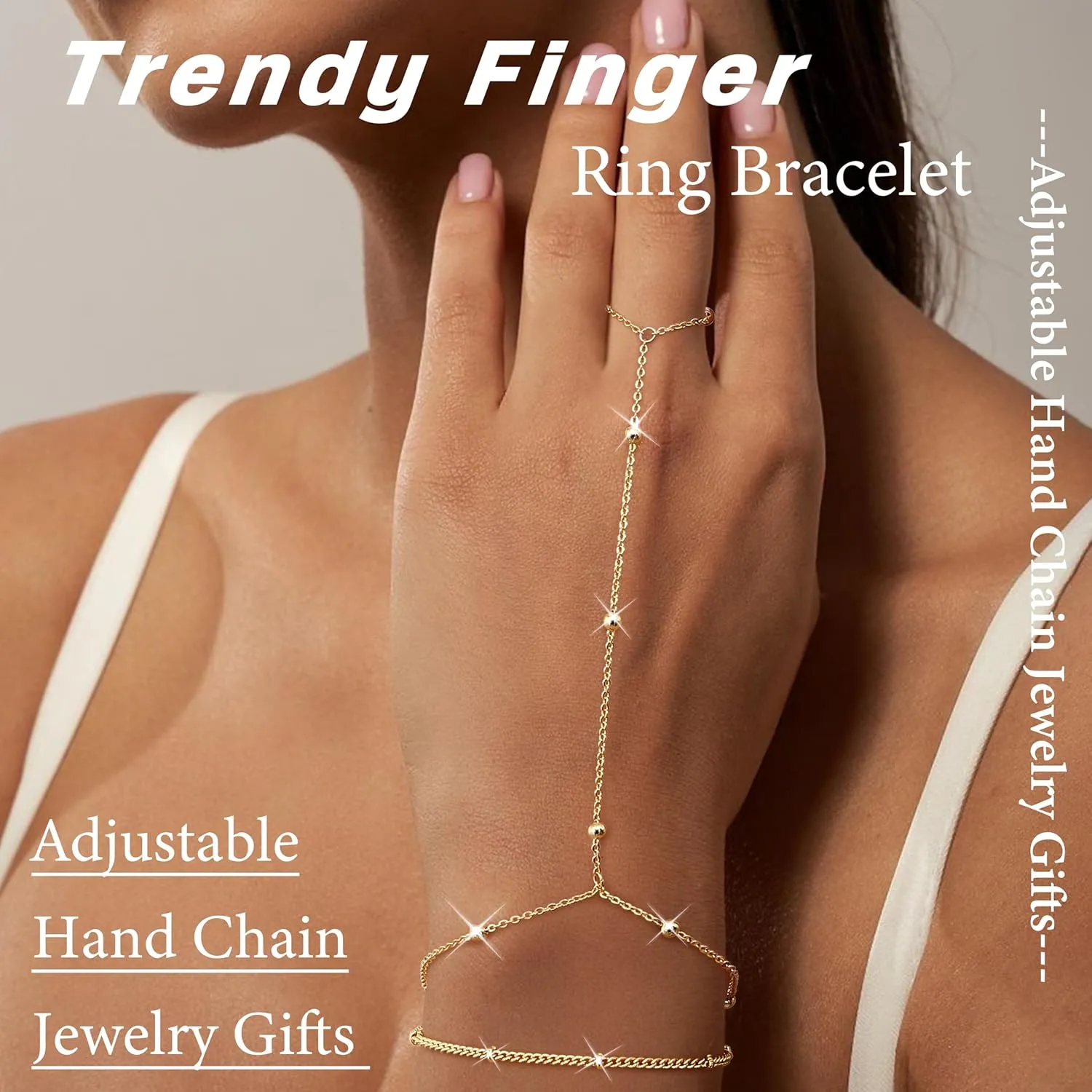 Florideco Gold Hand Chain Bracelets for Women Trendy 2 Piece Adjustable Finger Ring Bracelet Stack Dainty 14K Gold Plated CZ Layered Beaded Hand Chains Jewelry Gifts