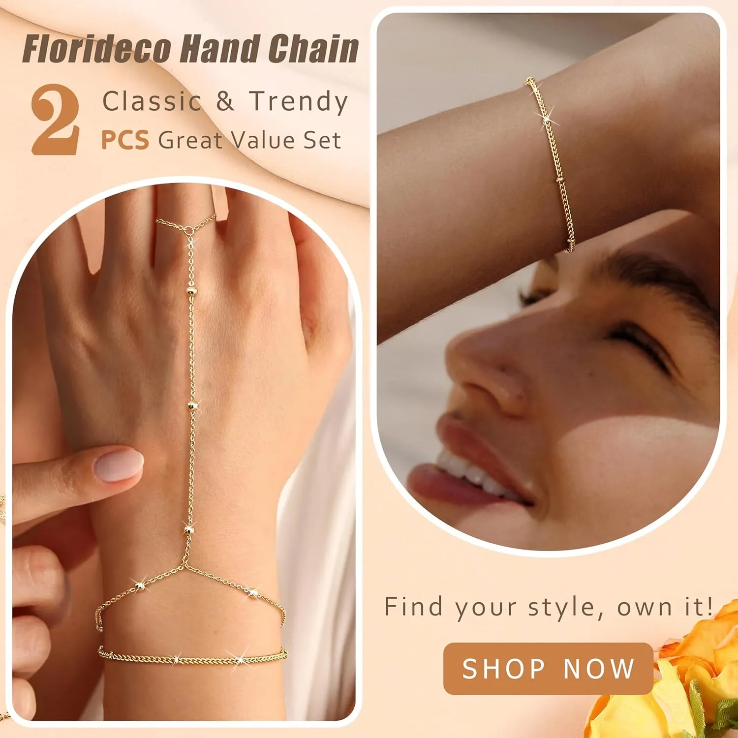 Florideco Gold Hand Chain Bracelets for Women Trendy 2 Piece Adjustable Finger Ring Bracelet Stack Dainty 14K Gold Plated CZ Layered Beaded Hand Chains Jewelry Gifts