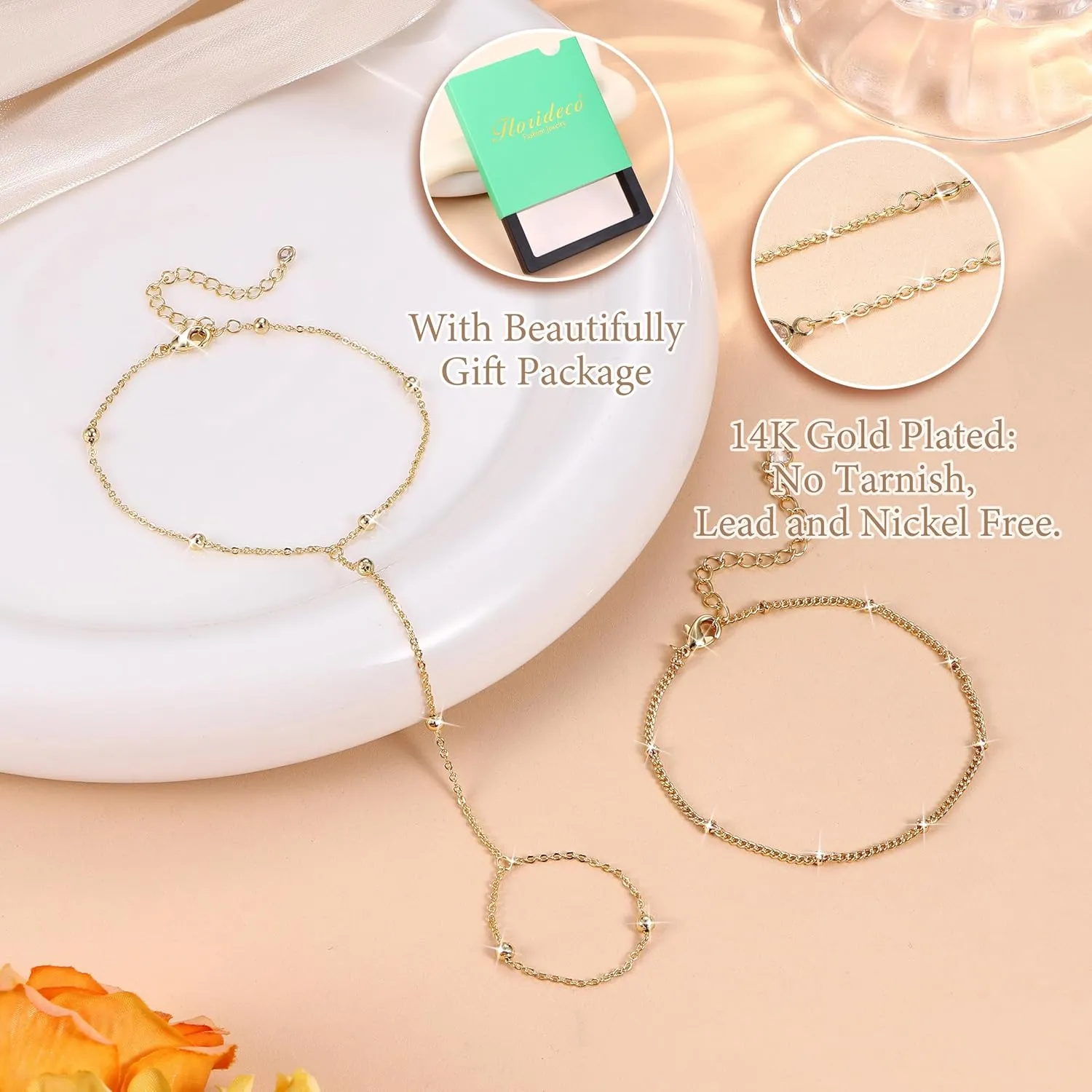 Florideco Gold Hand Chain Bracelets for Women Trendy 2 Piece Adjustable Finger Ring Bracelet Stack Dainty 14K Gold Plated CZ Layered Beaded Hand Chains Jewelry Gifts