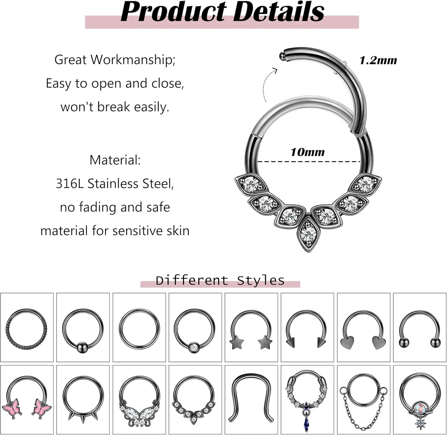 Florideco Gold Septum Rings 16g Surgical Steel Cute Nose Rings Butterfly Small Daith Piercing Jewelry Septum Clicker 10mm