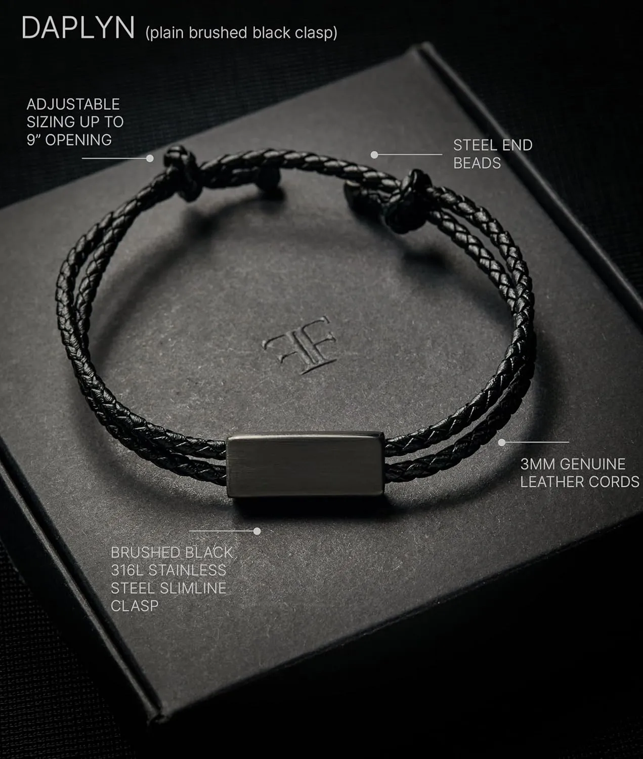 Forge & Foundry Men's Adjustable Black Braided Leather Bracelet | Drapers | Matte Black Stainless Steel Slider | Refined Hand-Crafted Jewelry, Designed by Jewelers, Forged for Men