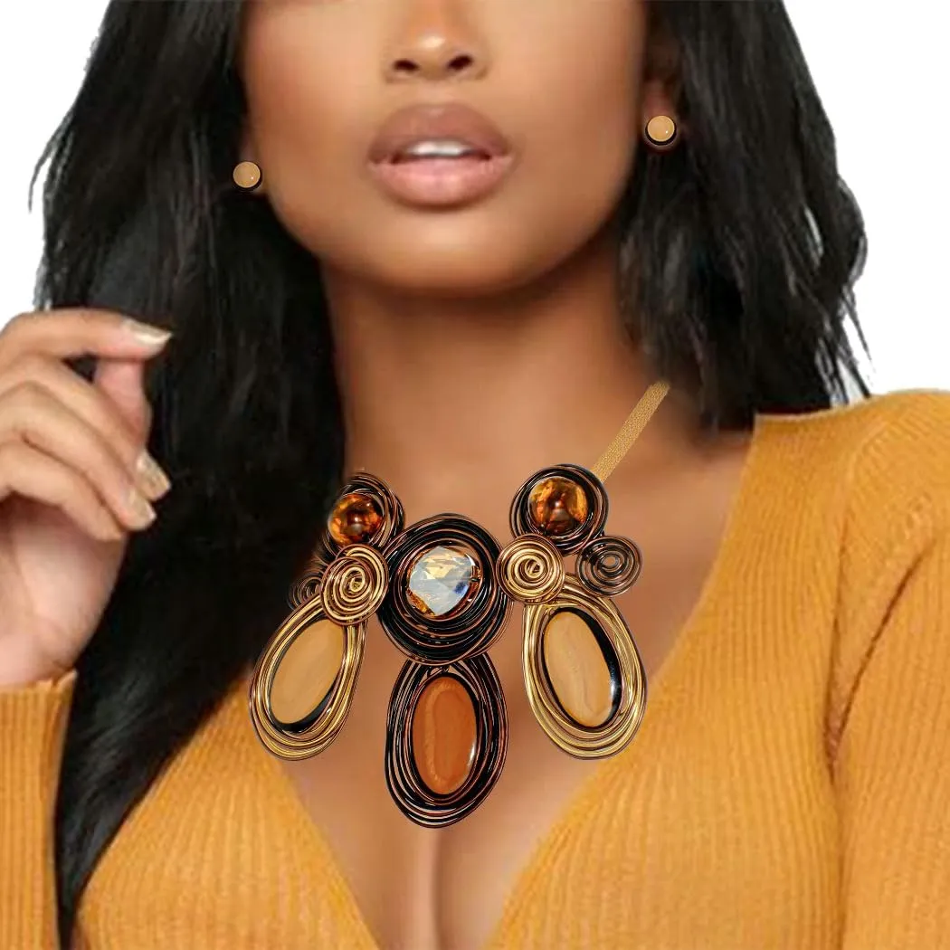 Fstrend Statement Choker Necklaces Earrings Gold African Chunky Collar Ethnic Indian Tribal Costume Necklace Set for