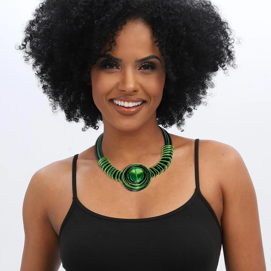 Fstrend Statement Choker Necklaces Earrings Green African Chunky Bib Collar Ethnic Tribal Costume Set for Women