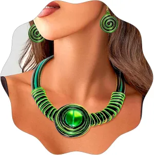Fstrend Statement Choker Necklaces Earrings Green African Chunky Bib Collar Ethnic Tribal Costume Set for Women