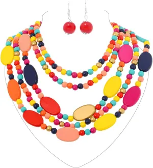 Fstrend Statement Layered Necklace Multicolor Wood Beaded Bib Necklaces Long Multi Strand Costume African Choker Earrings Set for Women