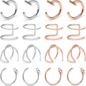 Ftovosyo Fake Lip Rings T Shaped Stainless Steel Gothic Clip on Non Piercing Nose Ring Double Cartilage Helix Earrings Ear Cuff for Women Men