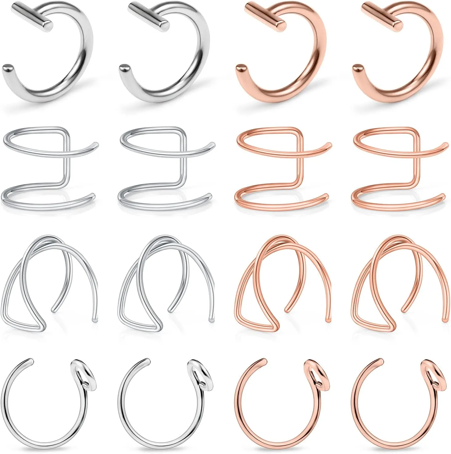 Ftovosyo Fake Lip Rings T Shaped Stainless Steel Gothic Clip on Non Piercing Nose Ring Double Cartilage Helix Earrings Ear Cuff for Women Men