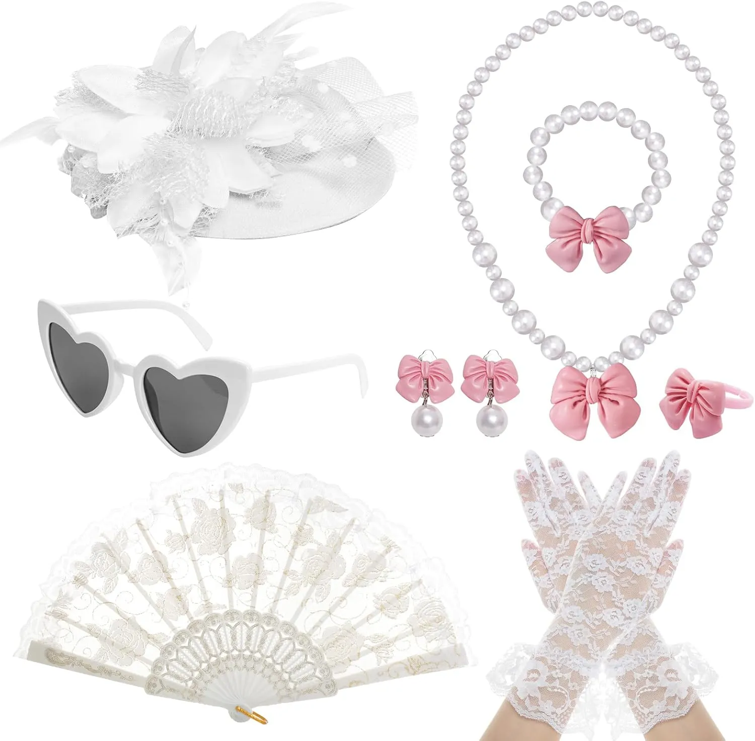 Fumwase 8Pcs White Tea Party Accessories Set Tea Party Gloves Hats Necklace Fan Bracelet Earrings Sunglass Ring for 20s 50s Spring Party Decoration Accessories Halloween Dress Up