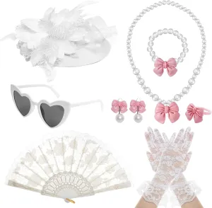 Fumwase 8Pcs White Tea Party Accessories Set Tea Party Gloves Hats Necklace Fan Bracelet Earrings Sunglass Ring for 20s 50s Spring Party Decoration Accessories Halloween Dress Up