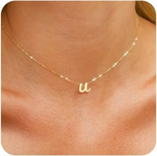 FUNEIA Gold Cursive Initial Necklaces for Women Trendy Letter A-Z Pendant Dainty Gold Necklace Cute Custom Personalized Monogram Name Choker Necklace with Initials Jewelry Gifts