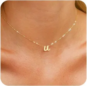 FUNEIA Gold Cursive Initial Necklaces for Women Trendy Letter A-Z Pendant Dainty Gold Necklace Cute Custom Personalized Monogram Name Choker Necklace with Initials Jewelry Gifts