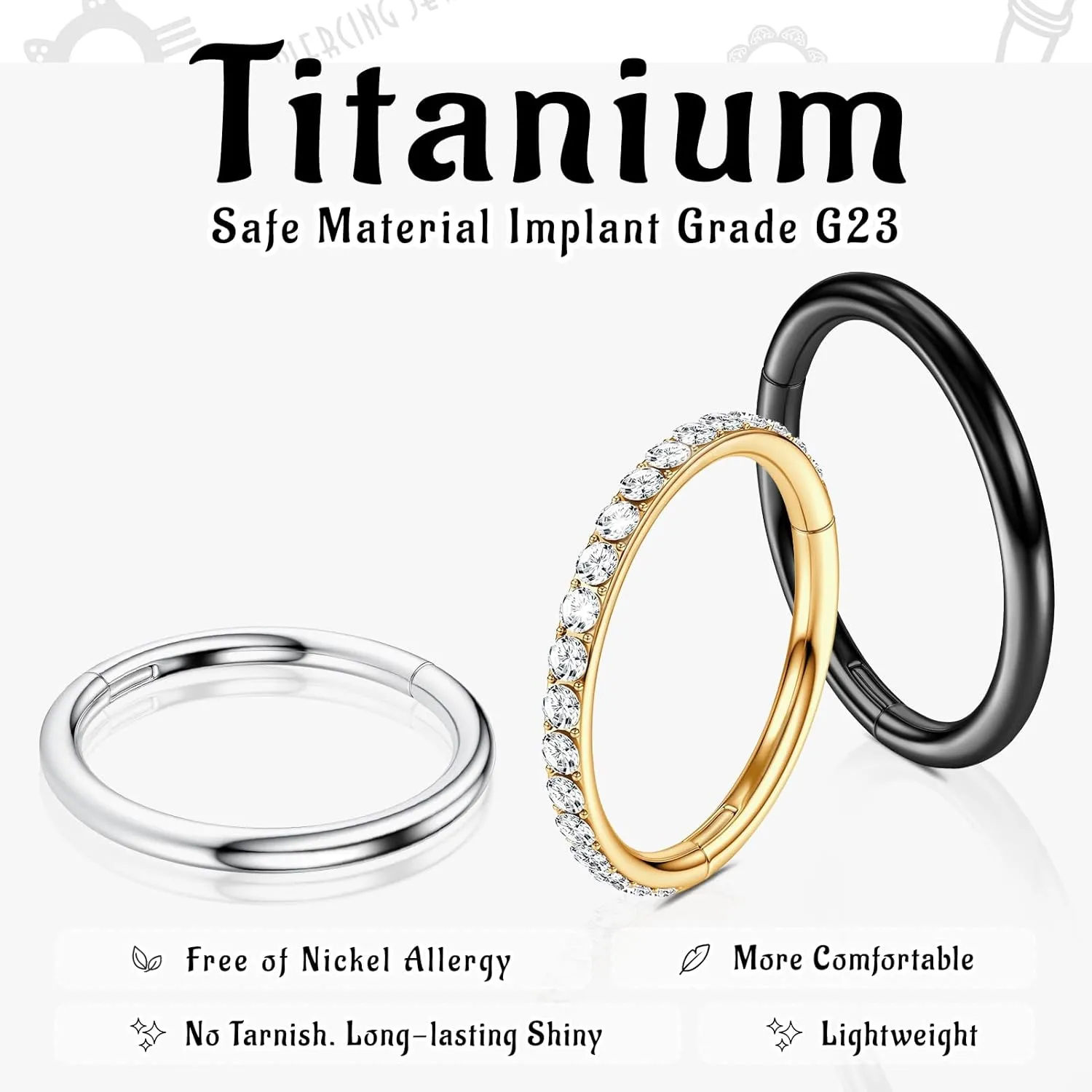 G23 Titanium Nose Rings Hoops: 2Pcs 20G 18G 16G Seamless Nose Hoop 6mm 7mm 8mm 9mm 10mm Septum Rings Hypoallergenic Lip Rings Cartilage Helix Daith Conch Tragus Rook Belly Button Piercing Jewelry