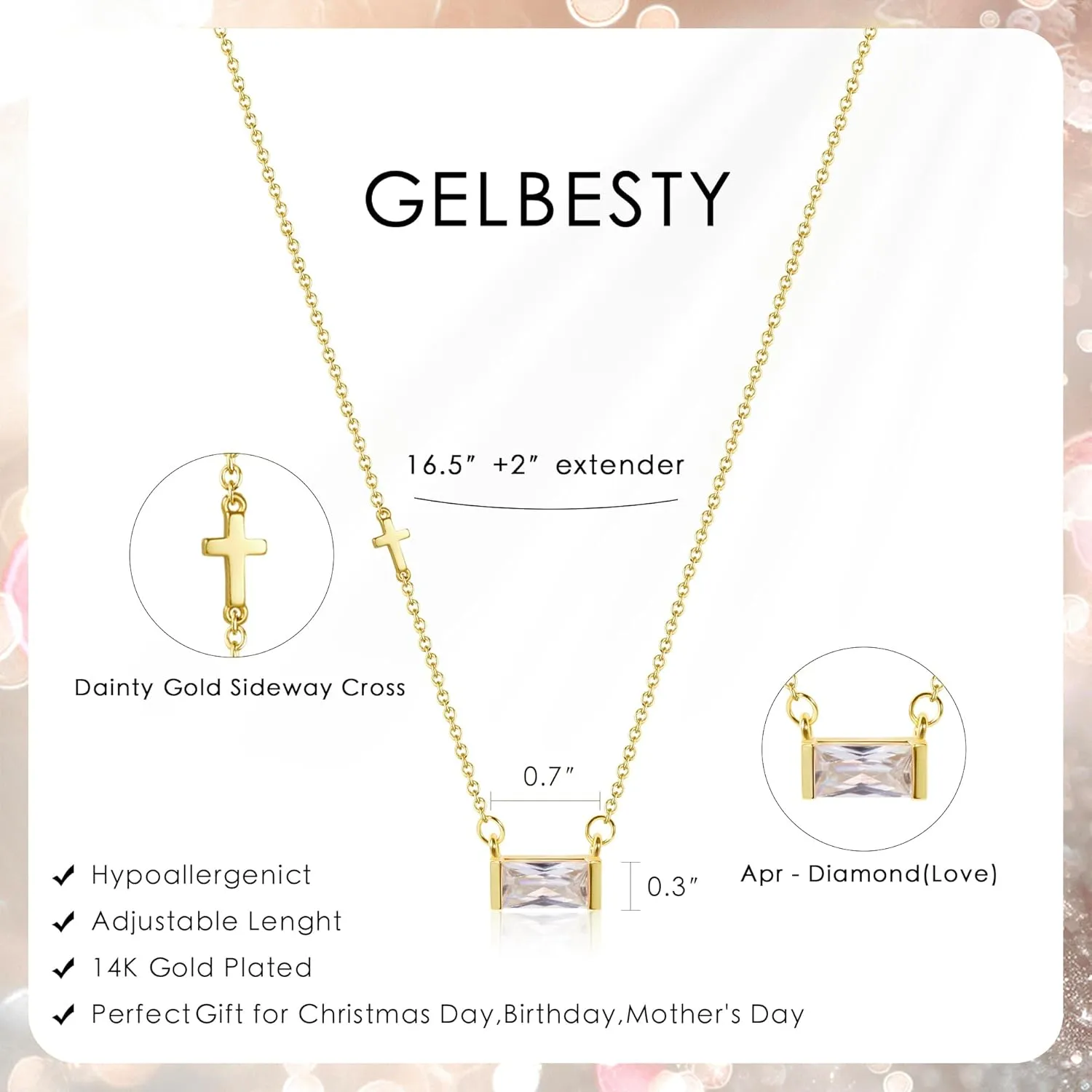 gelbesty Gold Necklace for Women Dainty 14K Gold Plated Birthstone Sideways Cross Diamond Choker Necklace Trendy Simple Gold Cubic Zirconia Pendant Mothers Birthday Christmas Gifts Jewelry for Women
