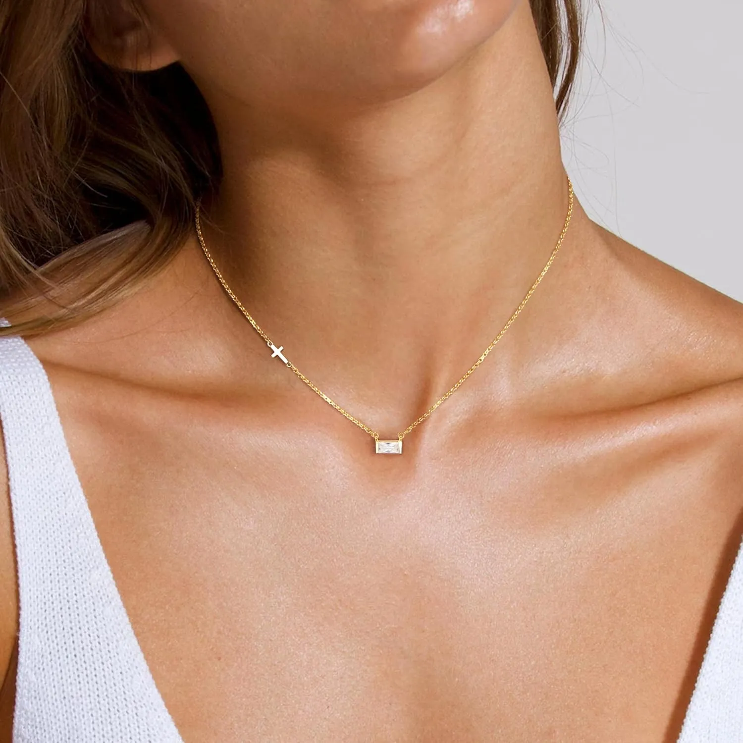 gelbesty Gold Necklace for Women Dainty 14K Gold Plated Birthstone Sideways Cross Diamond Choker Necklace Trendy Simple Gold Cubic Zirconia Pendant Mothers Birthday Christmas Gifts Jewelry for Women