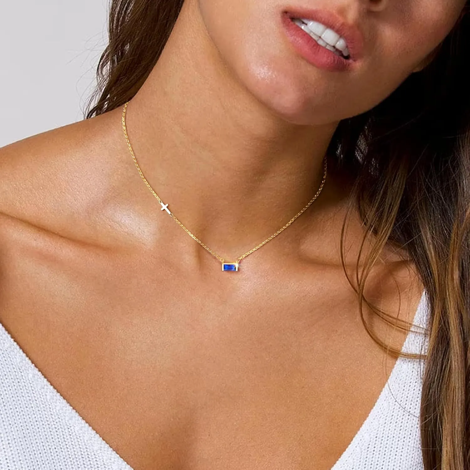 gelbesty Gold Necklace for Women Dainty 14K Gold Plated Birthstone Sideways Cross Diamond Choker Necklace Trendy Simple Gold Cubic Zirconia Pendant Mothers Birthday Christmas Gifts Jewelry for Women