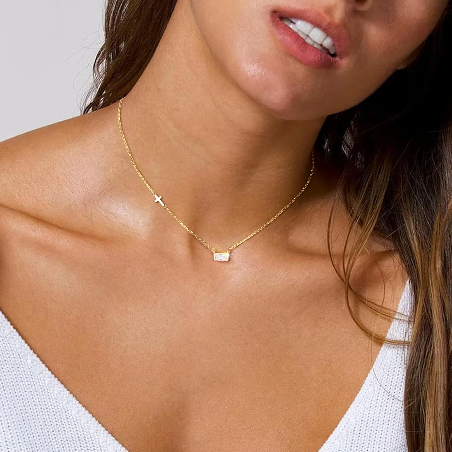 gelbesty Gold Necklace for Women Dainty 14K Gold Plated Birthstone Sideways Cross Diamond Choker Necklace Trendy Simple Gold Cubic Zirconia Pendant Mothers Birthday Christmas Gifts Jewelry for Women