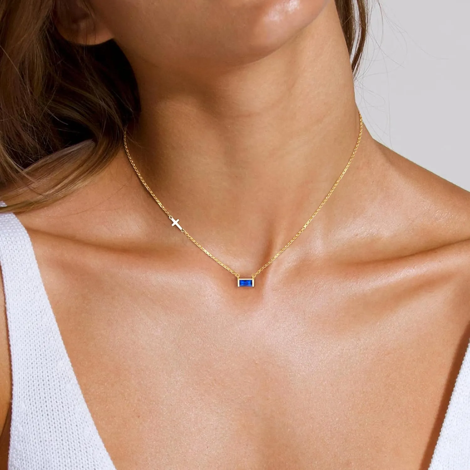 gelbesty Gold Necklace for Women Dainty 14K Gold Plated Birthstone Sideways Cross Diamond Choker Necklace Trendy Simple Gold Cubic Zirconia Pendant Mothers Birthday Christmas Gifts Jewelry for Women