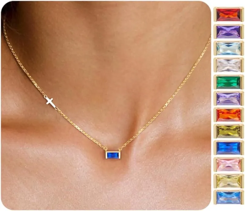 gelbesty Gold Necklace for Women Dainty 14K Gold Plated Birthstone Sideways Cross Diamond Choker Necklace Trendy Simple Gold Cubic Zirconia Pendant Mothers Birthday Christmas Gifts Jewelry for Women