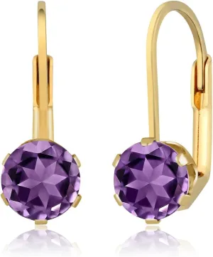 Gem Stone King 1.50 Ct Round 6MM Purple Amethyst Gemstone Birthstone Gold Plated Leverback Earrings