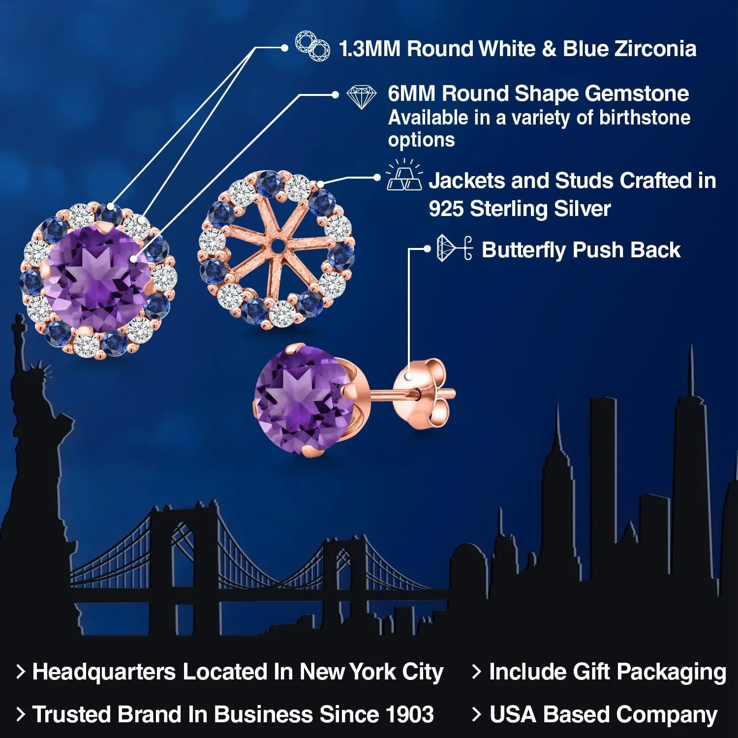 Gem Stone King 18K Rose Gold Plated Silver 6MM Round Gemstone Birthstone Halo Stud Earrings for Women with Removable Jackets
