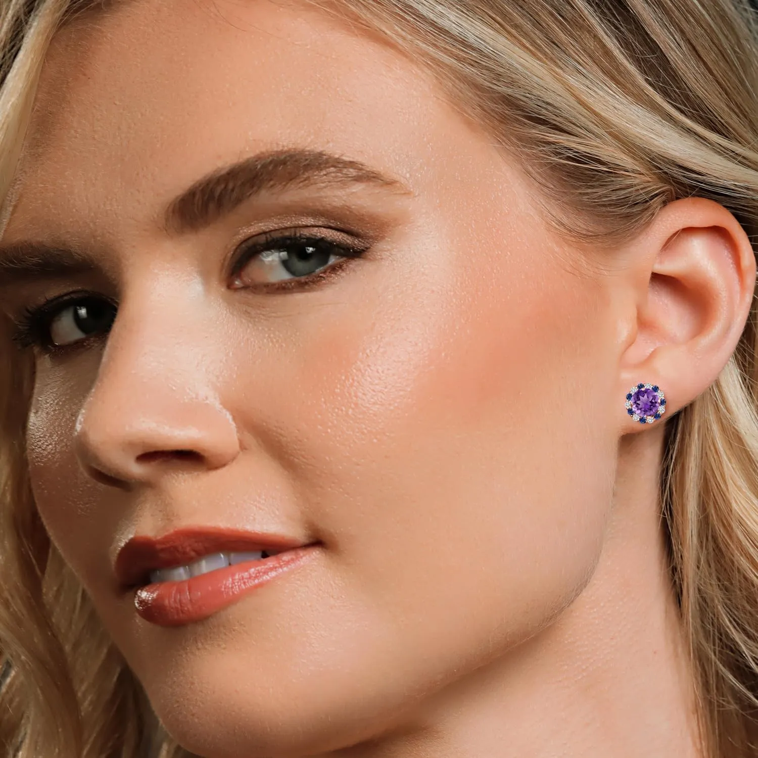 Gem Stone King 18K Rose Gold Plated Silver 6MM Round Gemstone Birthstone Halo Stud Earrings for Women with Removable Jackets