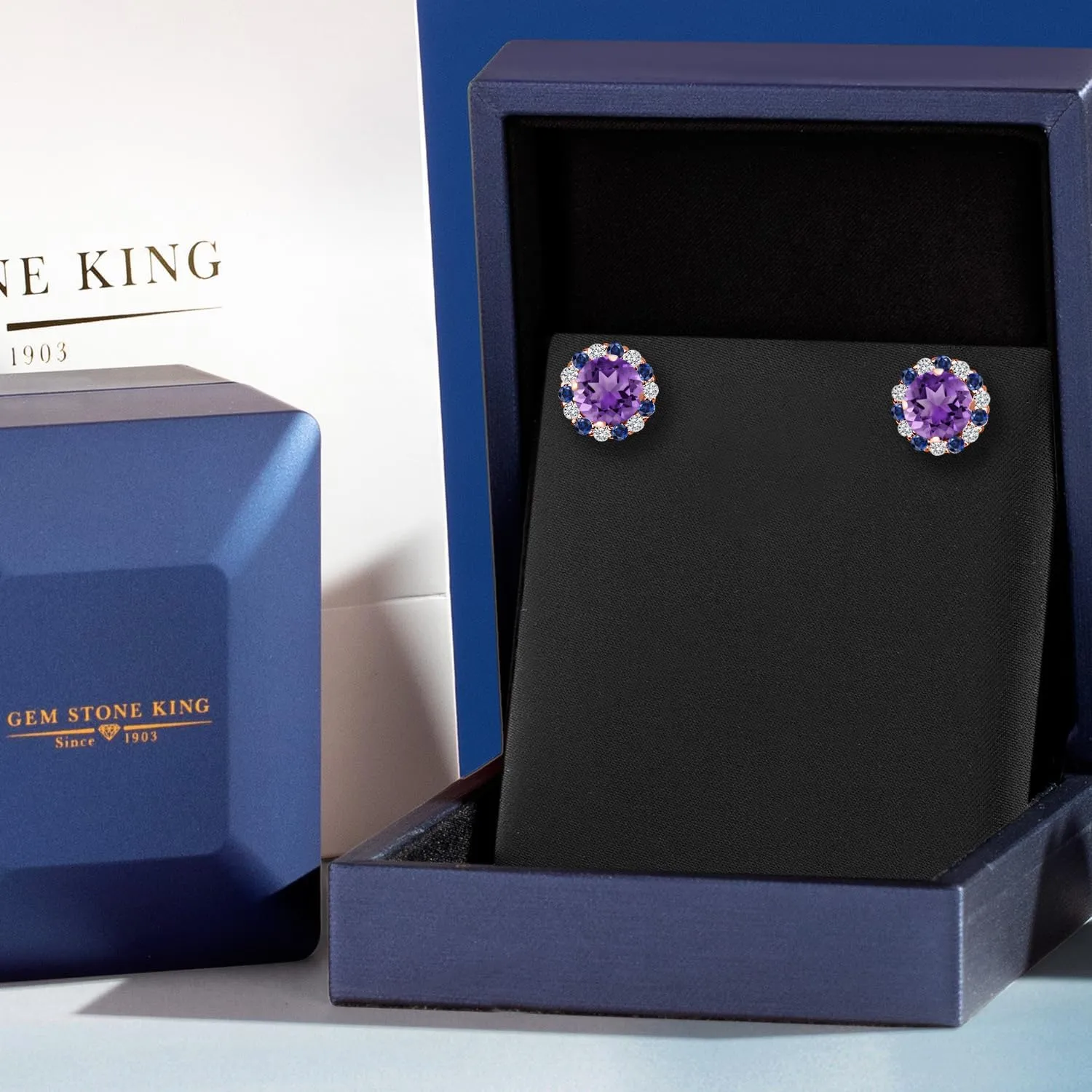 Gem Stone King 18K Rose Gold Plated Silver 6MM Round Gemstone Birthstone Halo Stud Earrings for Women with Removable Jackets