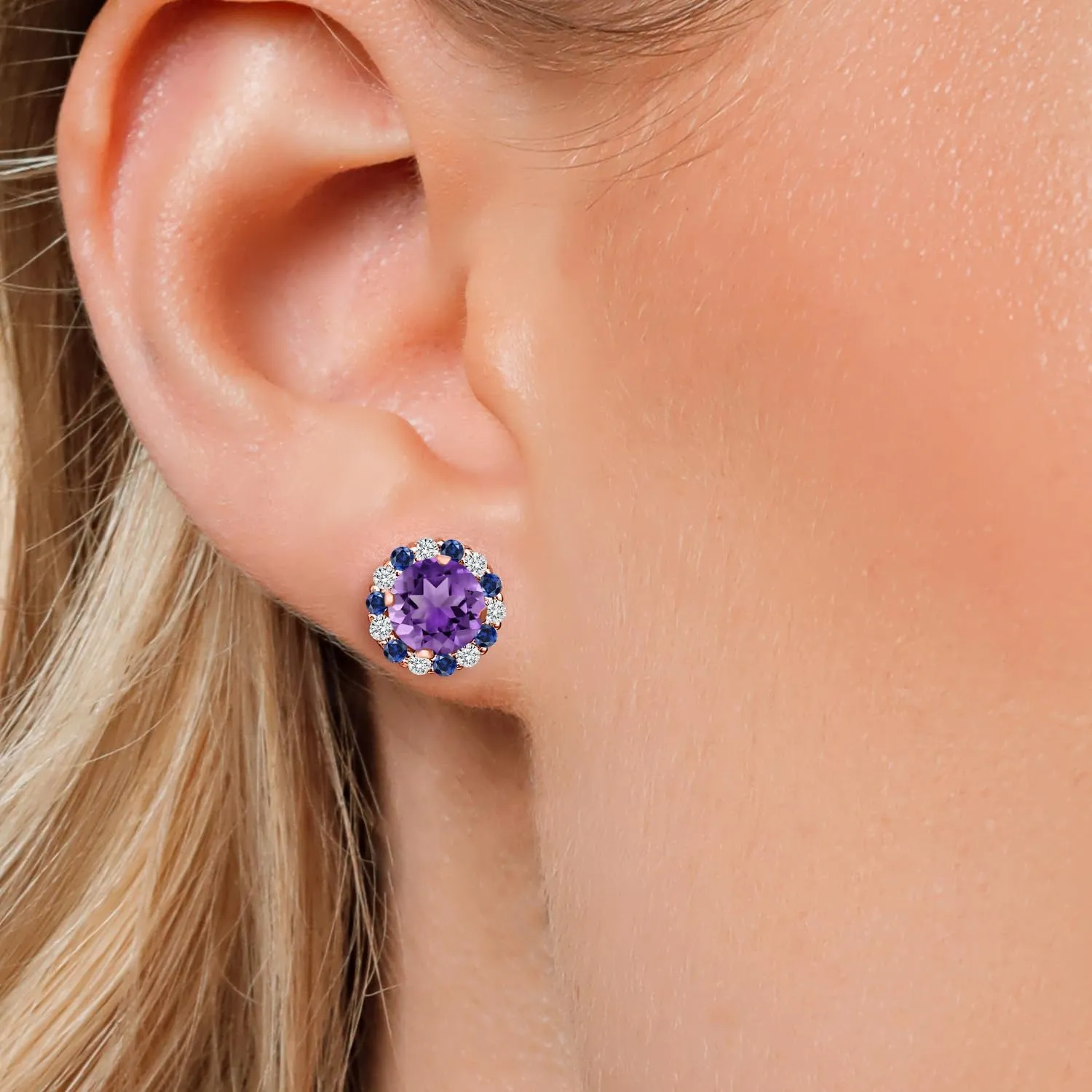 Gem Stone King 18K Rose Gold Plated Silver 6MM Round Gemstone Birthstone Halo Stud Earrings for Women with Removable Jackets