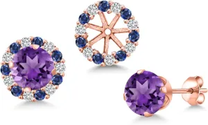 Gem Stone King 18K Rose Gold Plated Silver 6MM Round Gemstone Birthstone Halo Stud Earrings for Women with Removable Jackets