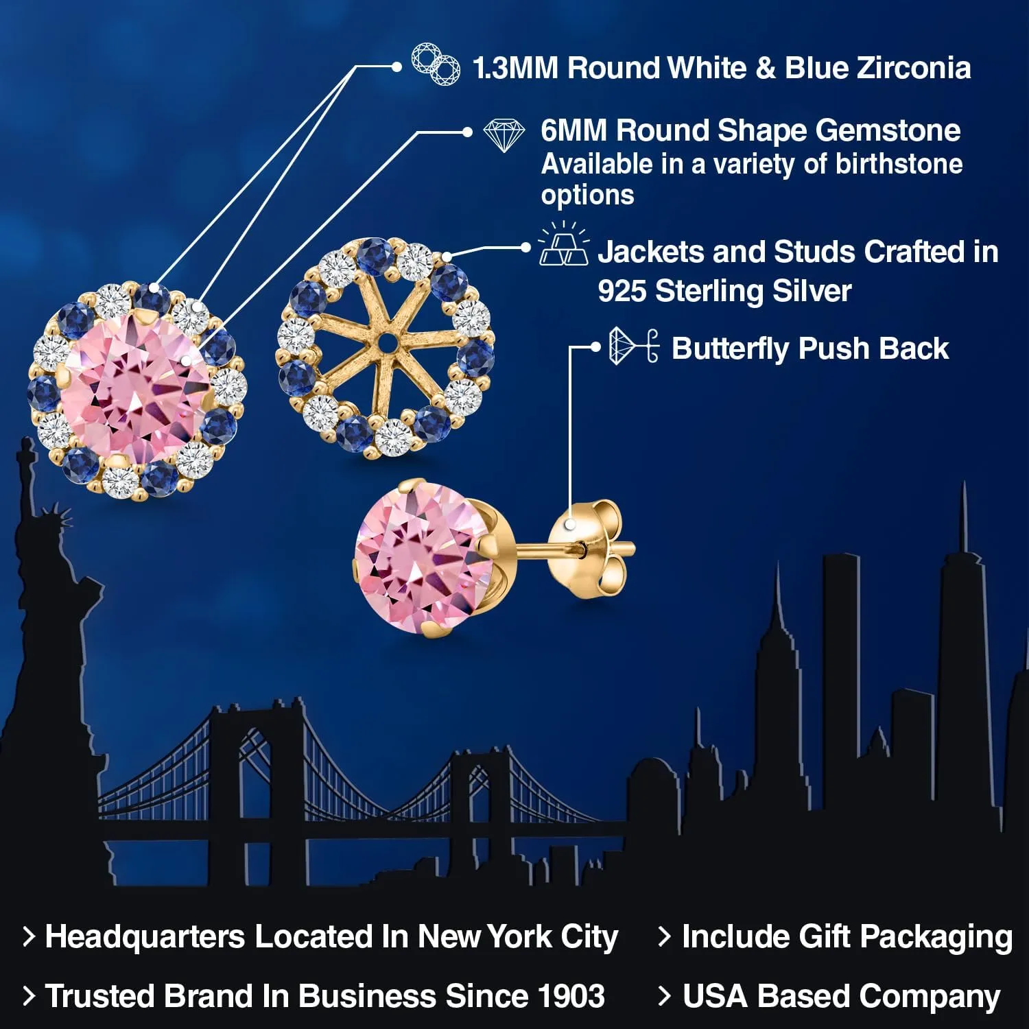 Gem Stone King 18K Yellow Gold Plated 6MM Round Gemstone Birthstone Halo Stud Earrings for Women with Removable Jackets
