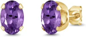Gem Stone King 18K Yellow Gold Plated Silver Purple Amethyst Stud Earrings For Women Men (1.50 Cttw, Gemstone Birthstone Oval 7X5MM)