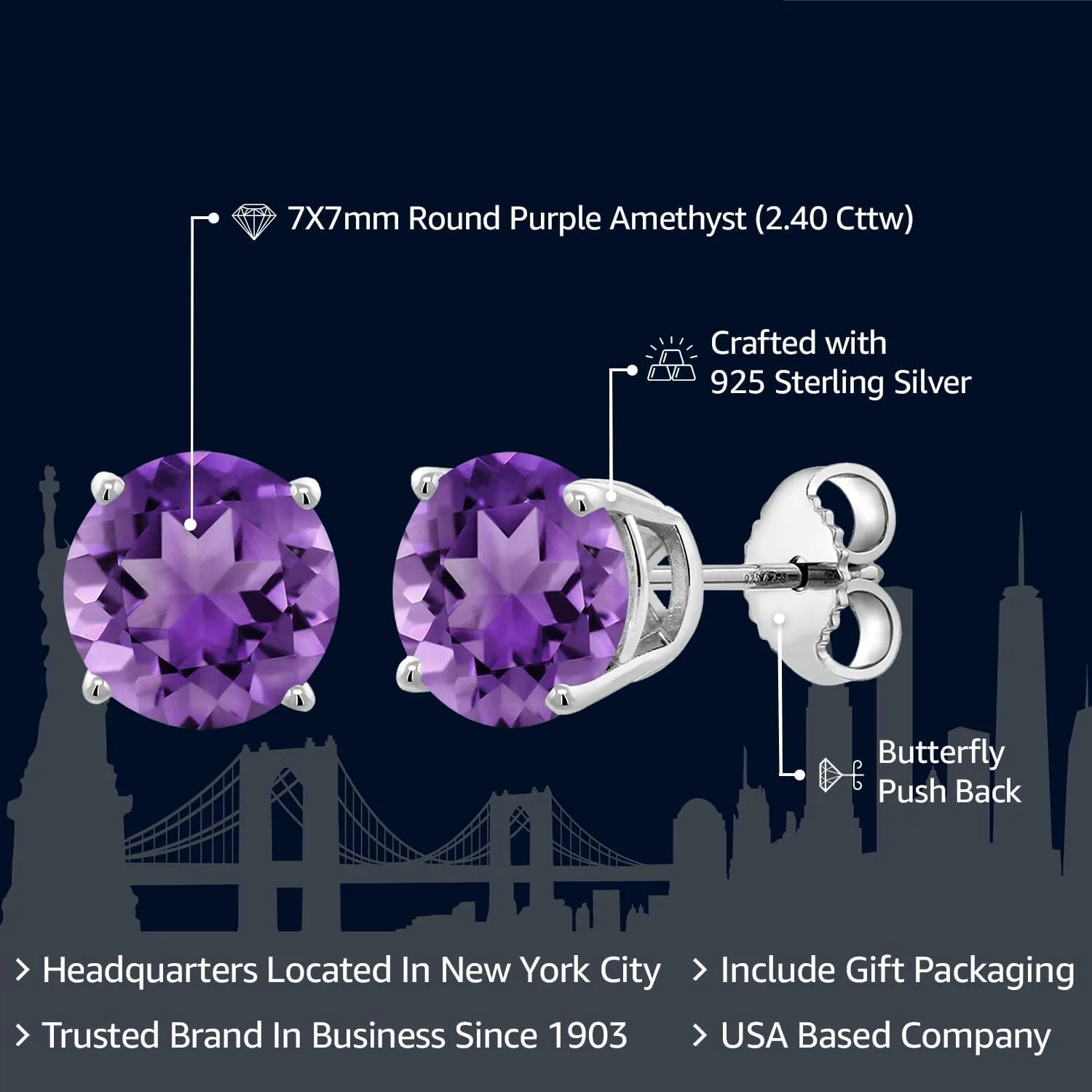Gem Stone King 2-4 Cttw Round Gemstone Birthstone Stud Earrings For Women Men | 925 Sterling Silver | Round 7MM | Fine Jewelry Gifts for Her Mom Women Wife Men