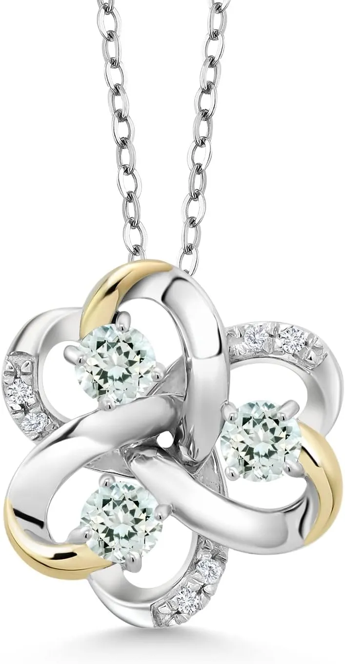 Gem Stone King 925 Silver and 10K Yellow Gold Round Sky Blue Aquamarine and White Lab Grown Diamond 3-Stone Pendant Necklace For Women (0.80 Cttw, Gemstone March Birthstone, with 18 Inch Chain)