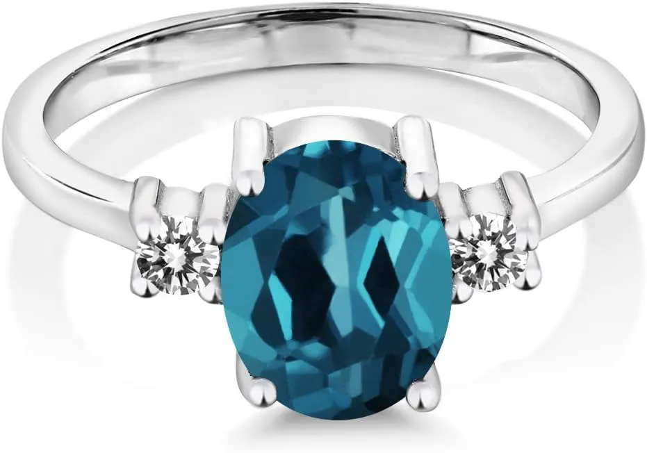 Gem Stone King 925 Sterling Silver Oval London Blue Topaz and White Diamond Ring For Women (1.93 Cttw, Gemstone Birthstone, Available In Size 5, 6, 7, 8, 9)