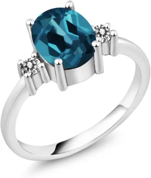 Gem Stone King 925 Sterling Silver Oval London Blue Topaz and White Diamond Ring For Women (1.93 Cttw, Gemstone Birthstone, Available In Size 5, 6, 7, 8, 9)