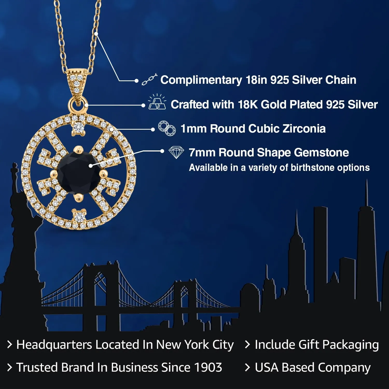 Gem Stone King Halo Circle Filigree Necklace in 18K Yellow Gold Plated Silver | 7MM Round Birthstone Gemstone Center | 18-Inch Silver Chain | Fine Jewelry Gifts for Her Mom Women Wife