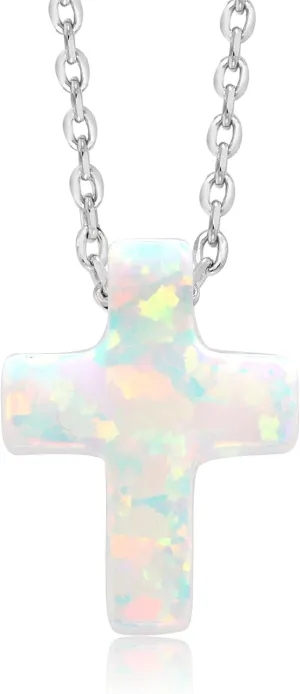 Gem Stone King Unisex 12MM Created Opal Cross Pendant Necklace | 925 Sterling Silver | With 18 Inch Silver Chain