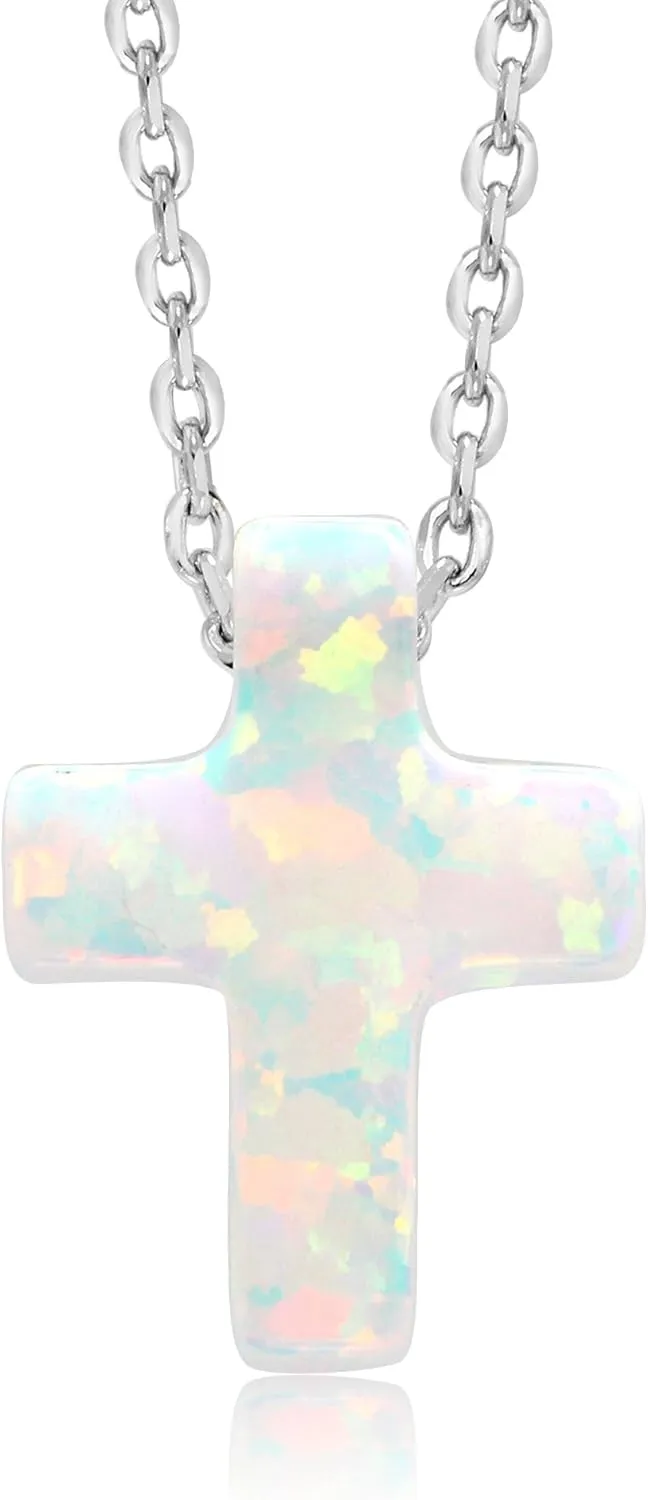 Gem Stone King Unisex 12MM Created Opal Cross Pendant Necklace | 925 Sterling Silver | With 18 Inch Silver Chain