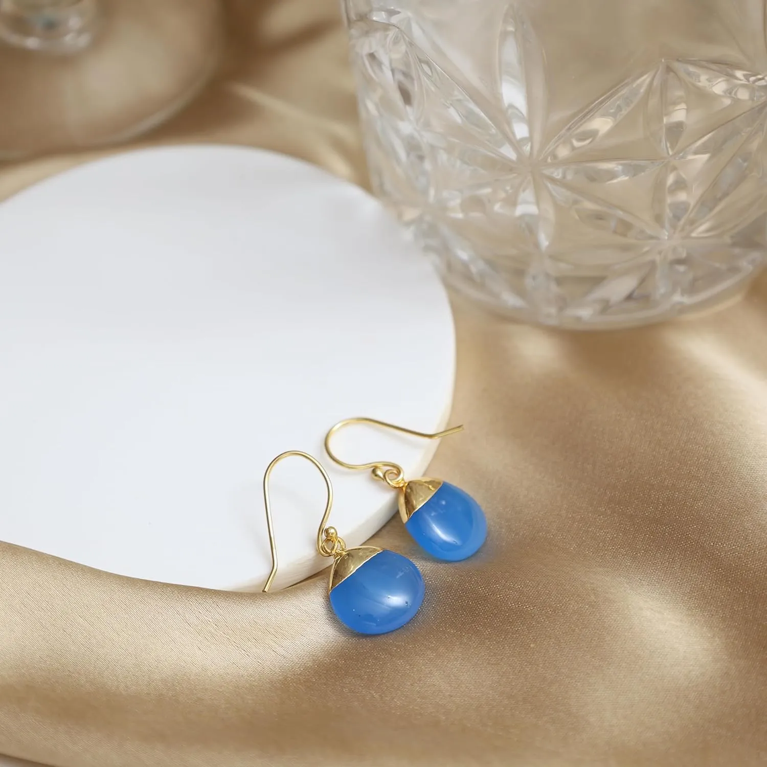 Gempires Blue Onyx Teardrop Dangling Earrings for Women, 14k Gold Electroplated Pear Crystal Earrings with Gold Plated Hooks, Dangle Drop Earring, Lightweight Gemstone Jewelry
