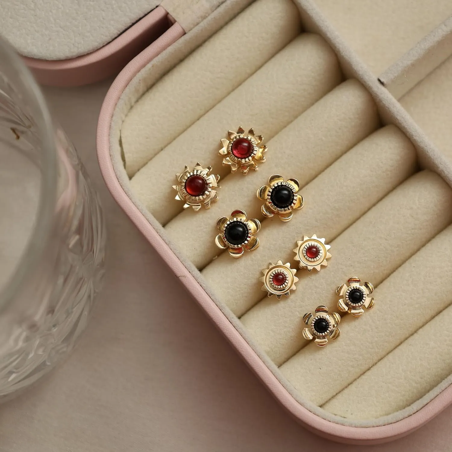 Gempires Flower Stud Earrings, Red Garnet Earring, Natural Gemstone Earrings, Hypoallergenic 14k Gold Plated, Cute Chic Flower Studs, Party Wear, Gift for Her (12 mm)